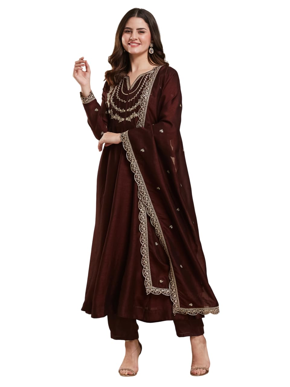 MOKOSH Women’s Silk Embroidery Anarkali Kurta Pant with Dupatta