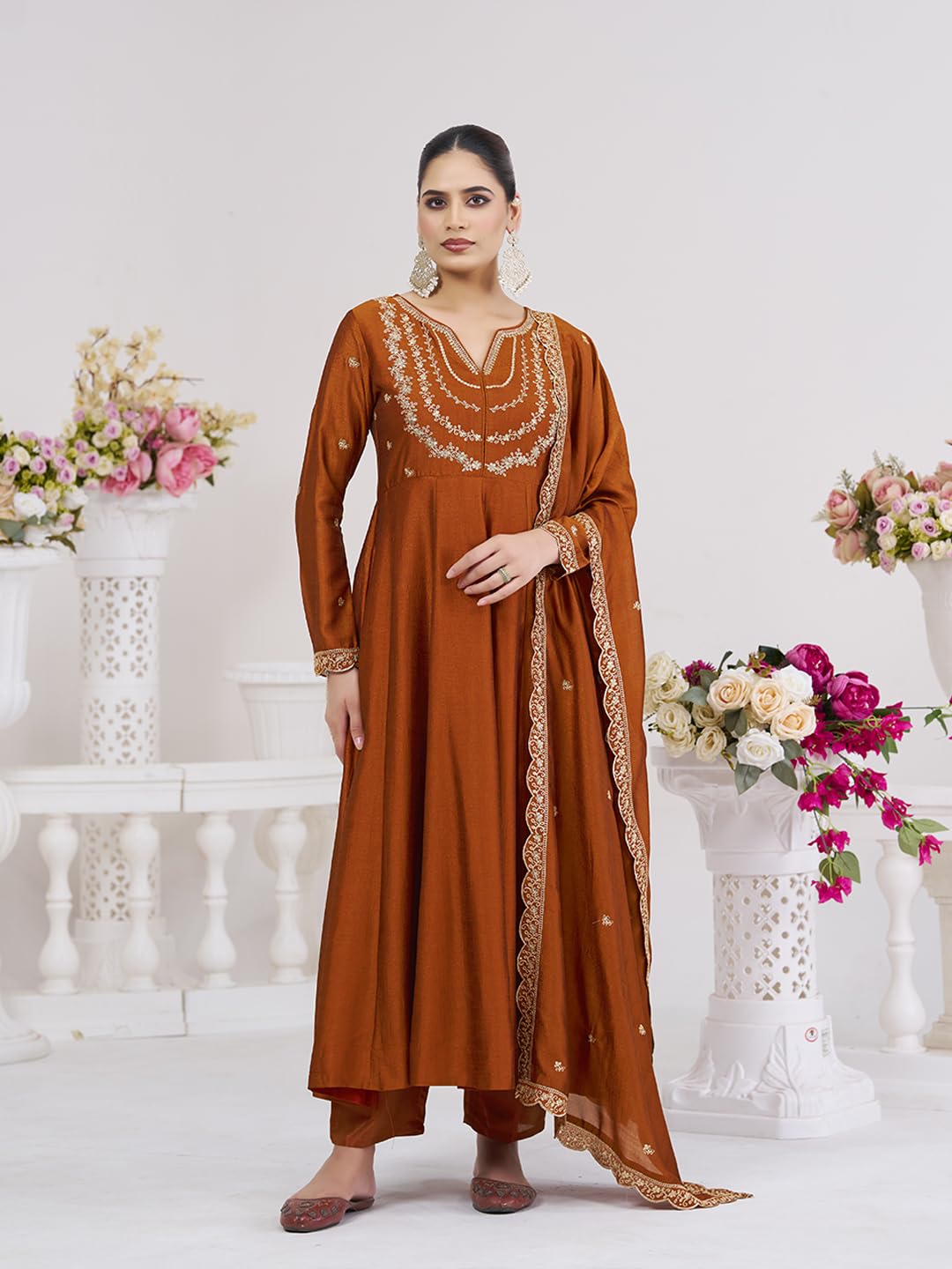 MOKOSH Women’s Silk Embroidery Anarkali Kurta Pant with Dupatta