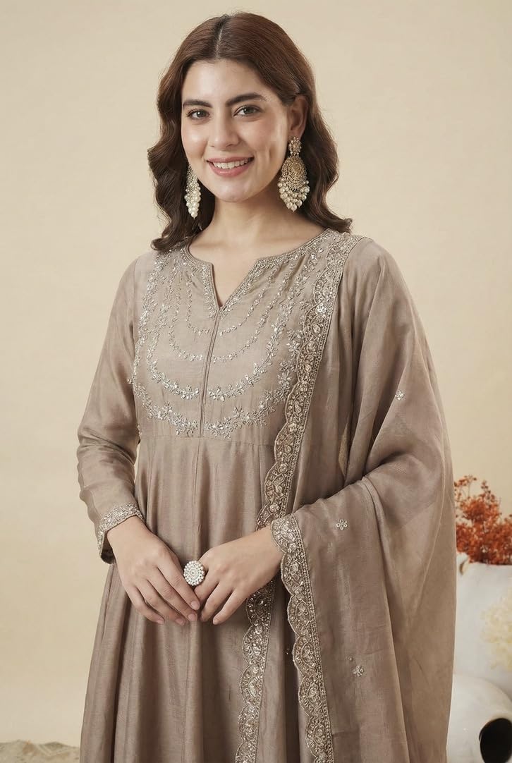 MOKOSH Women’s Silk Embroidery Anarkali Kurta Pant with Dupatta