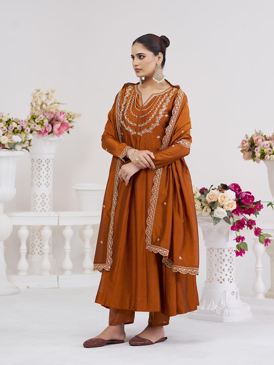 MOKOSH Women’s Silk Embroidery Anarkali Kurta Pant with Dupatta