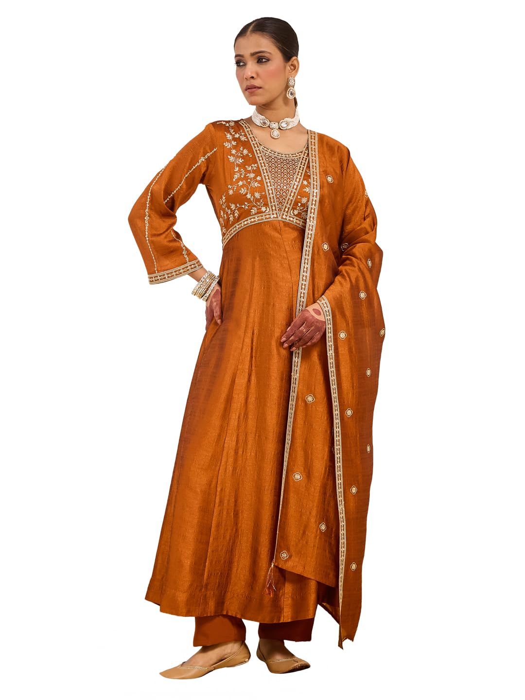 MOKOSH Women’s Silk Embroidery Anarkali Kurta Pant with Dupatta