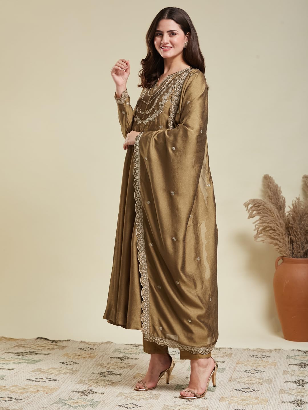MOKOSH Women’s Silk Embroidery Anarkali Kurta Pant with Dupatta
