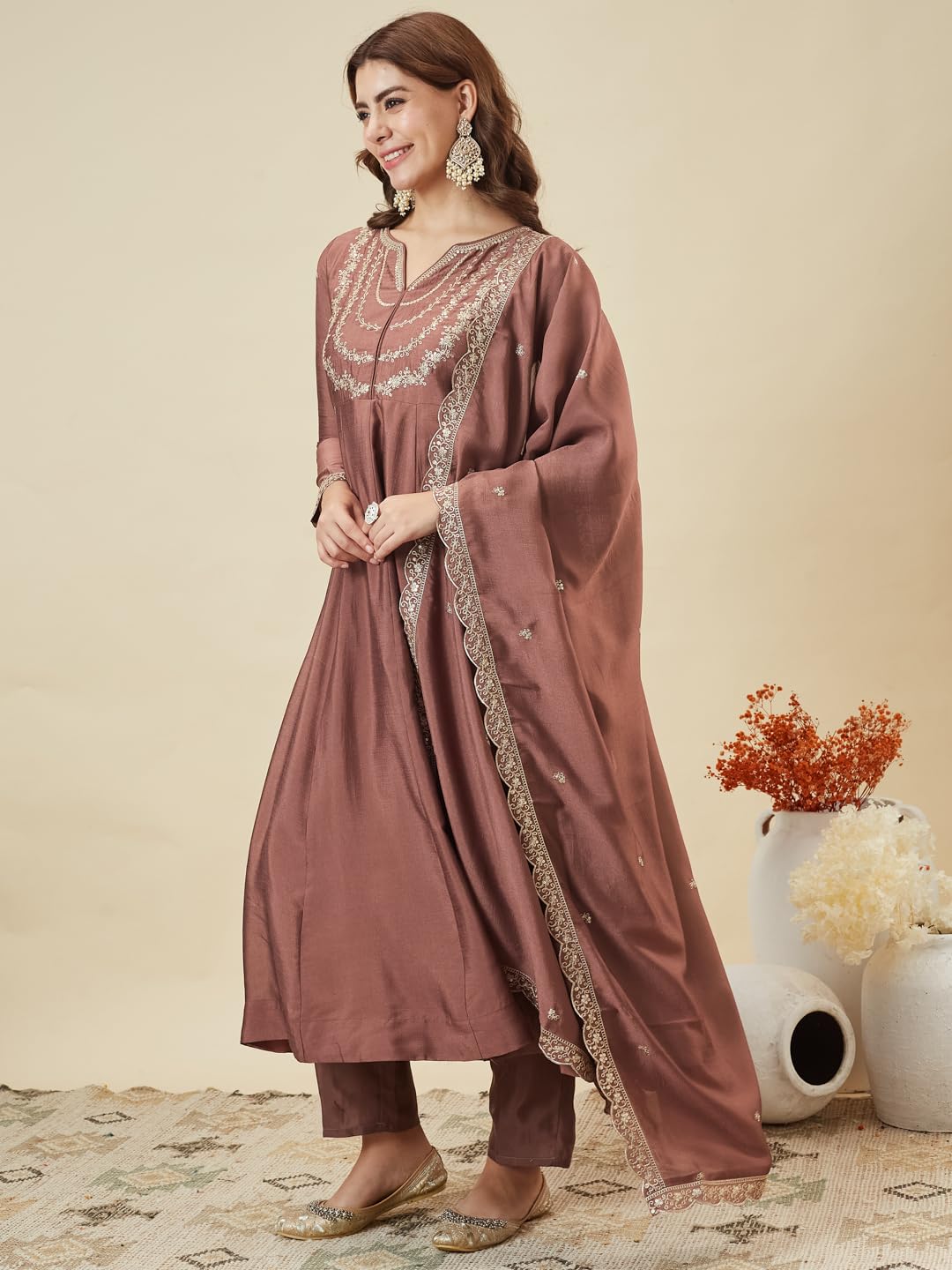 MOKOSH Women’s Silk Embroidery Anarkali Kurta Pant with Dupatta