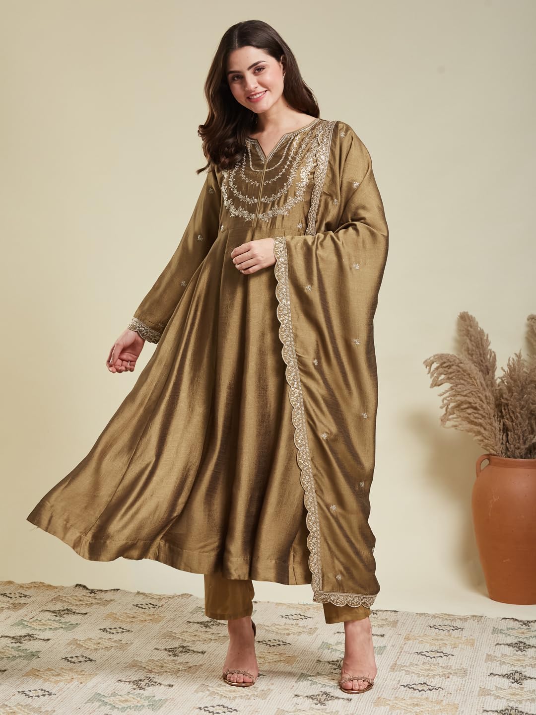 MOKOSH Women’s Silk Embroidery Anarkali Kurta Pant with Dupatta