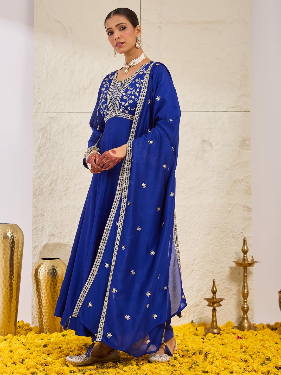 MOKOSH Women’s Silk Embroidery Anarkali Kurta Pant with Dupatta