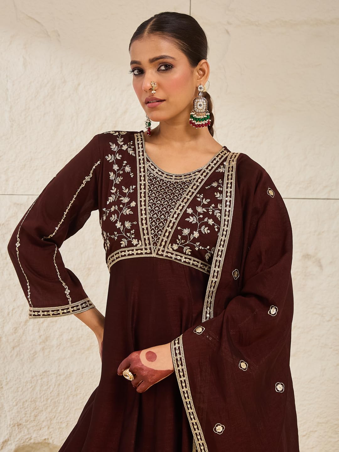 MOKOSH Women’s Silk Embroidery Anarkali Kurta Pant with Dupatta