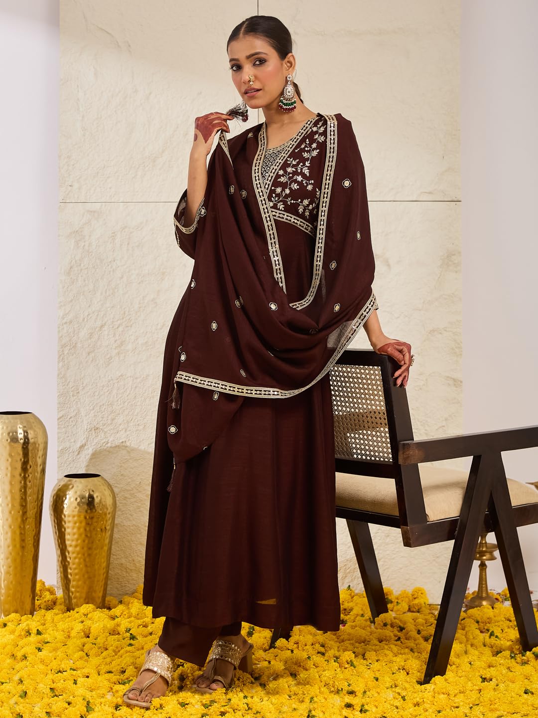MOKOSH Women’s Silk Embroidery Anarkali Kurta Pant with Dupatta