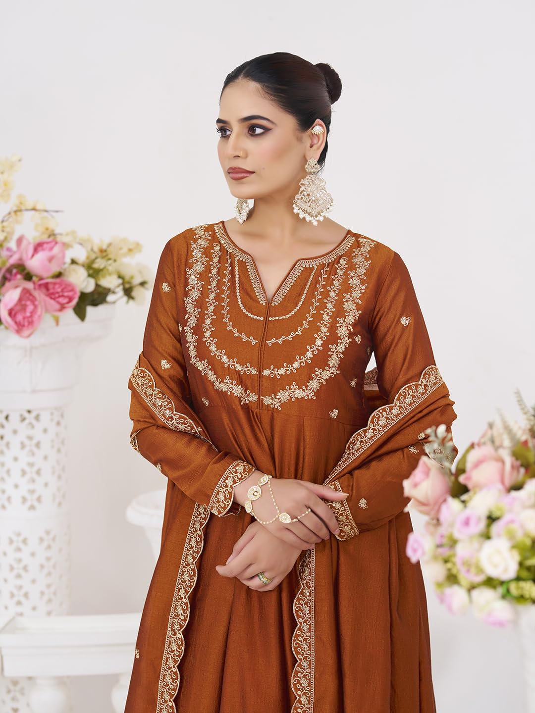 MOKOSH Women’s Silk Embroidery Anarkali Kurta Pant with Dupatta