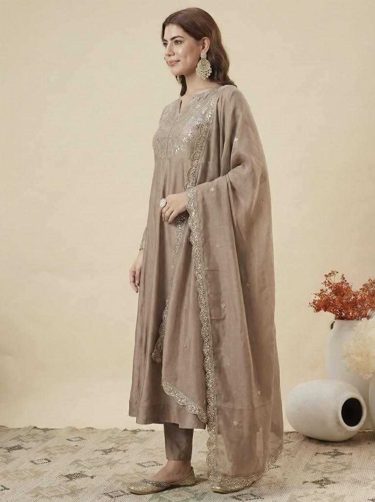 MOKOSH Women’s Silk Embroidery Anarkali Kurta Pant with Dupatta