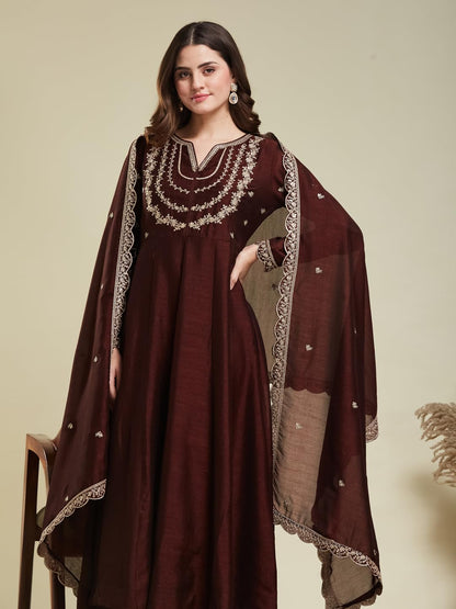 MOKOSH Women’s Silk Embroidery Anarkali Kurta Pant with Dupatta