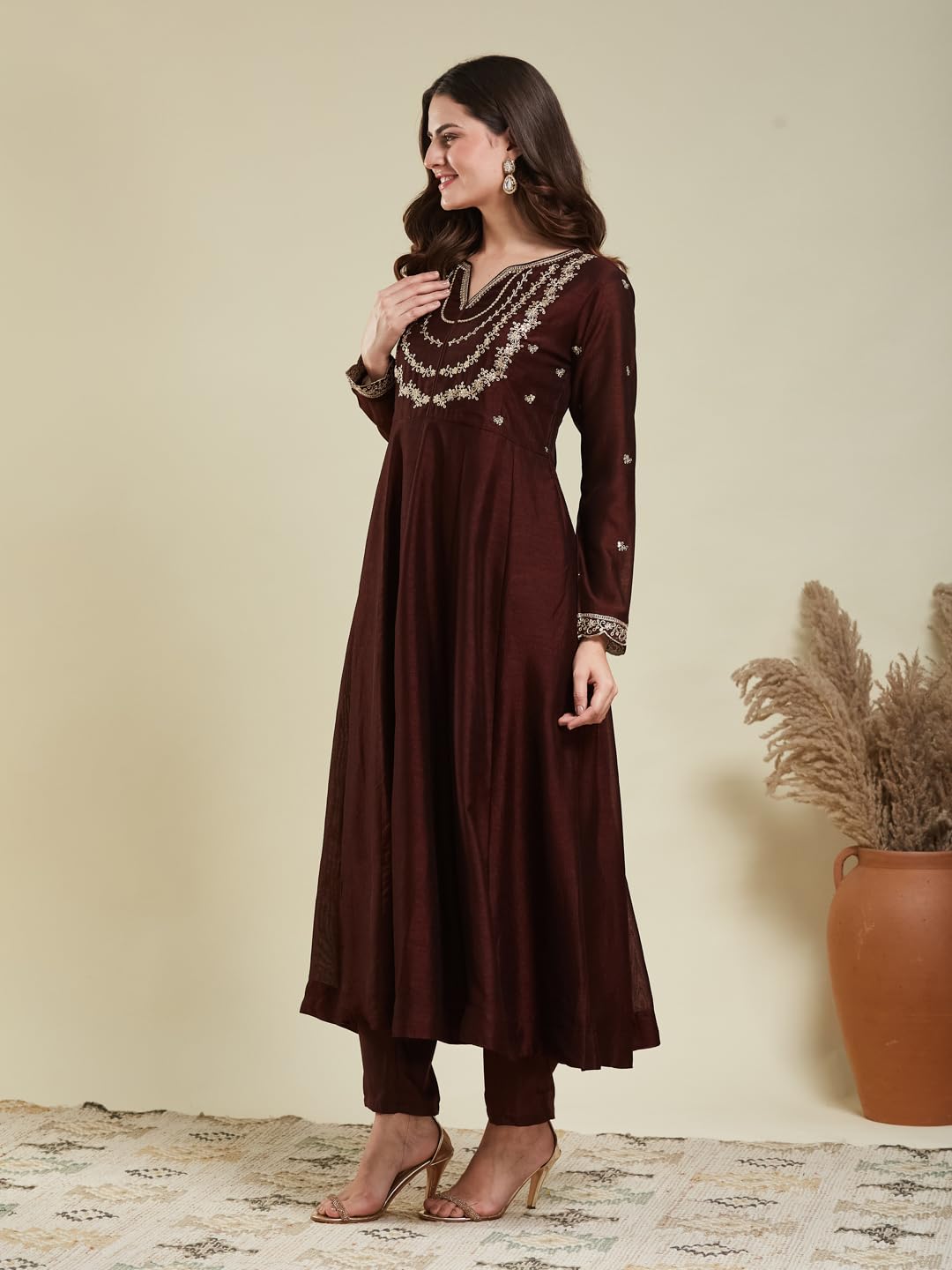 MOKOSH Women’s Silk Embroidery Anarkali Kurta Pant with Dupatta