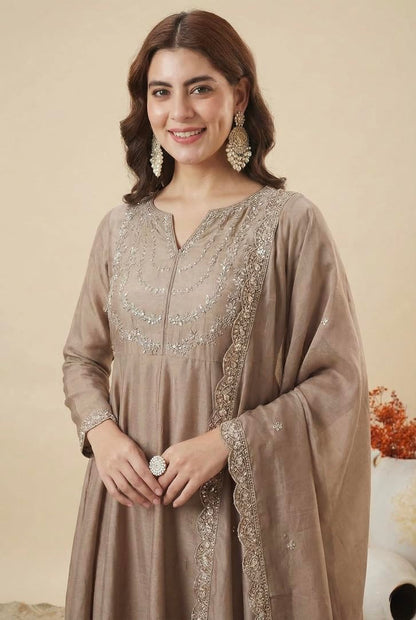 MOKOSH Women’s Silk Embroidery Anarkali Kurta Pant with Dupatta