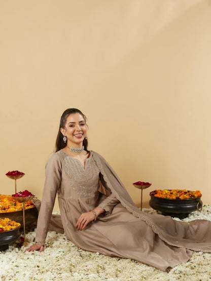 MOKOSH Women’s Silk Embroidery Anarkali Kurta Pant with Dupatta