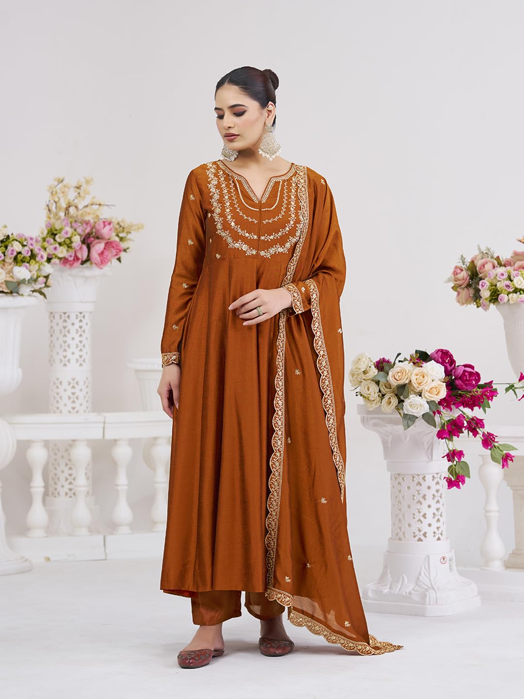 MOKOSH Women’s Silk Embroidery Anarkali Kurta Pant with Dupatta