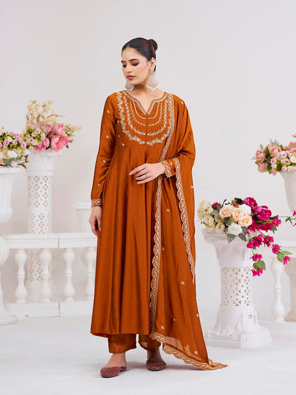 MOKOSH Women’s Silk Embroidery Anarkali Kurta Pant with Dupatta