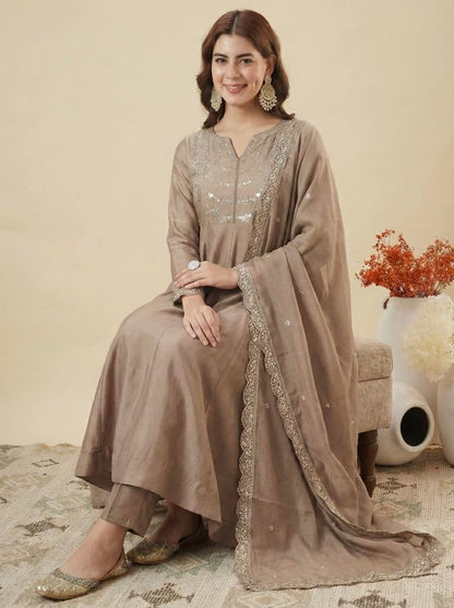 MOKOSH Women’s Silk Embroidery Anarkali Kurta Pant with Dupatta