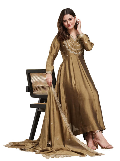 MOKOSH Women’s Silk Embroidery Anarkali Kurta Pant with Dupatta
