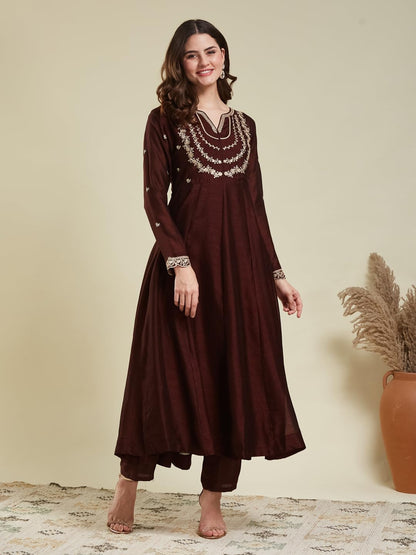 MOKOSH Women’s Silk Embroidery Anarkali Kurta Pant with Dupatta