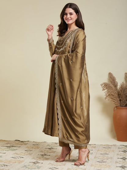 MOKOSH Women’s Silk Embroidery Anarkali Kurta Pant with Dupatta