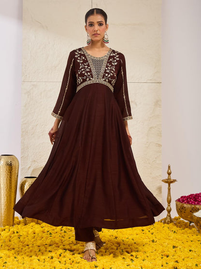 MOKOSH Women’s Silk Embroidery Anarkali Kurta Pant with Dupatta