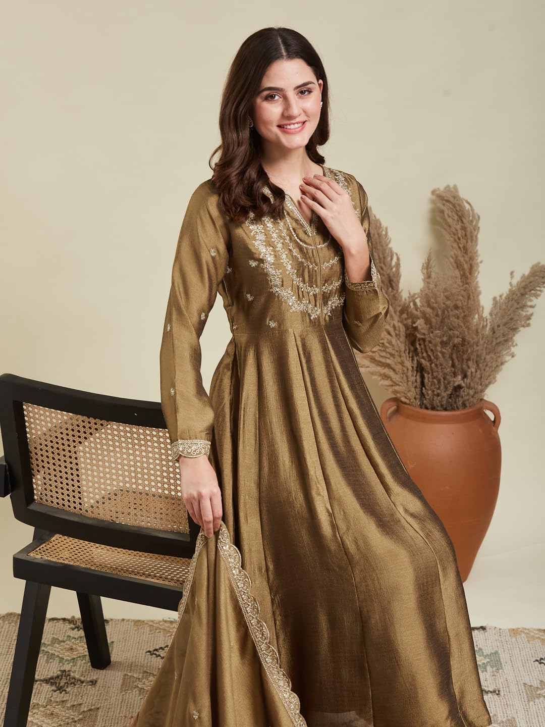 MOKOSH Women’s Silk Embroidery Anarkali Kurta Pant with Dupatta