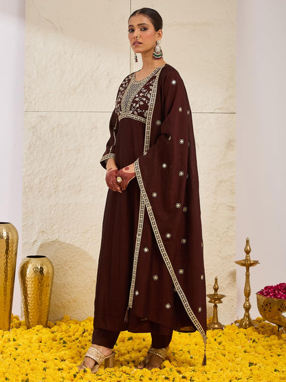 MOKOSH Women’s Silk Embroidery Anarkali Kurta Pant with Dupatta