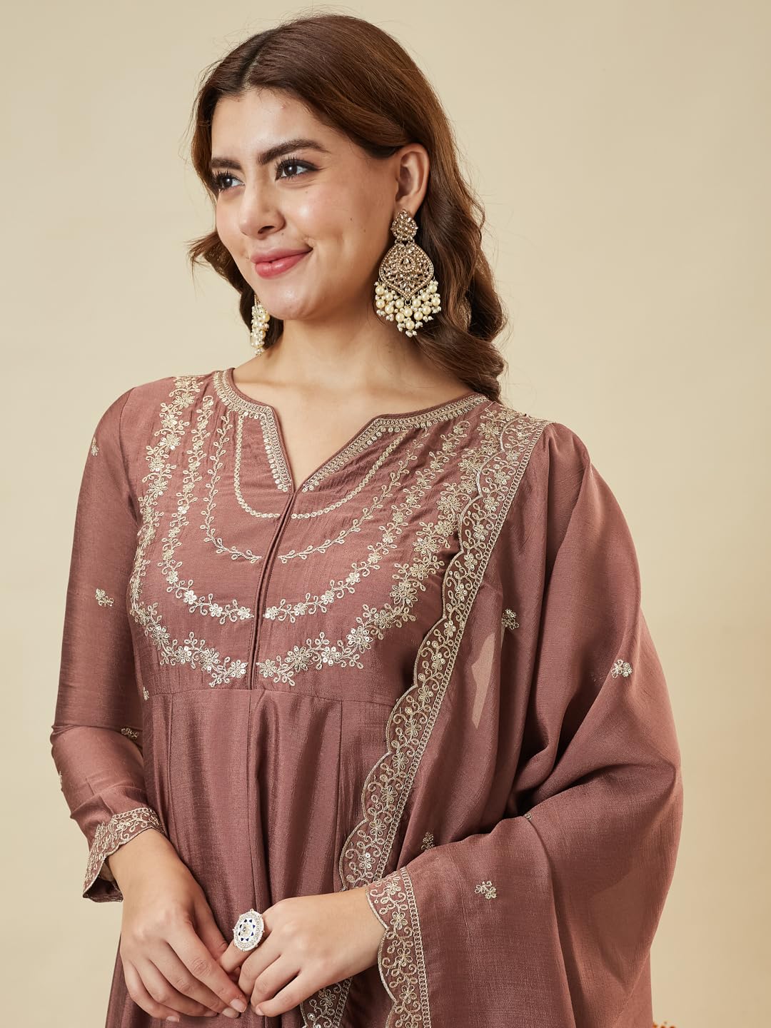 MOKOSH Women’s Silk Embroidery Anarkali Kurta Pant with Dupatta