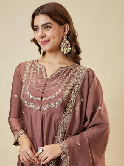MOKOSH Women’s Silk Embroidery Anarkali Kurta Pant with Dupatta