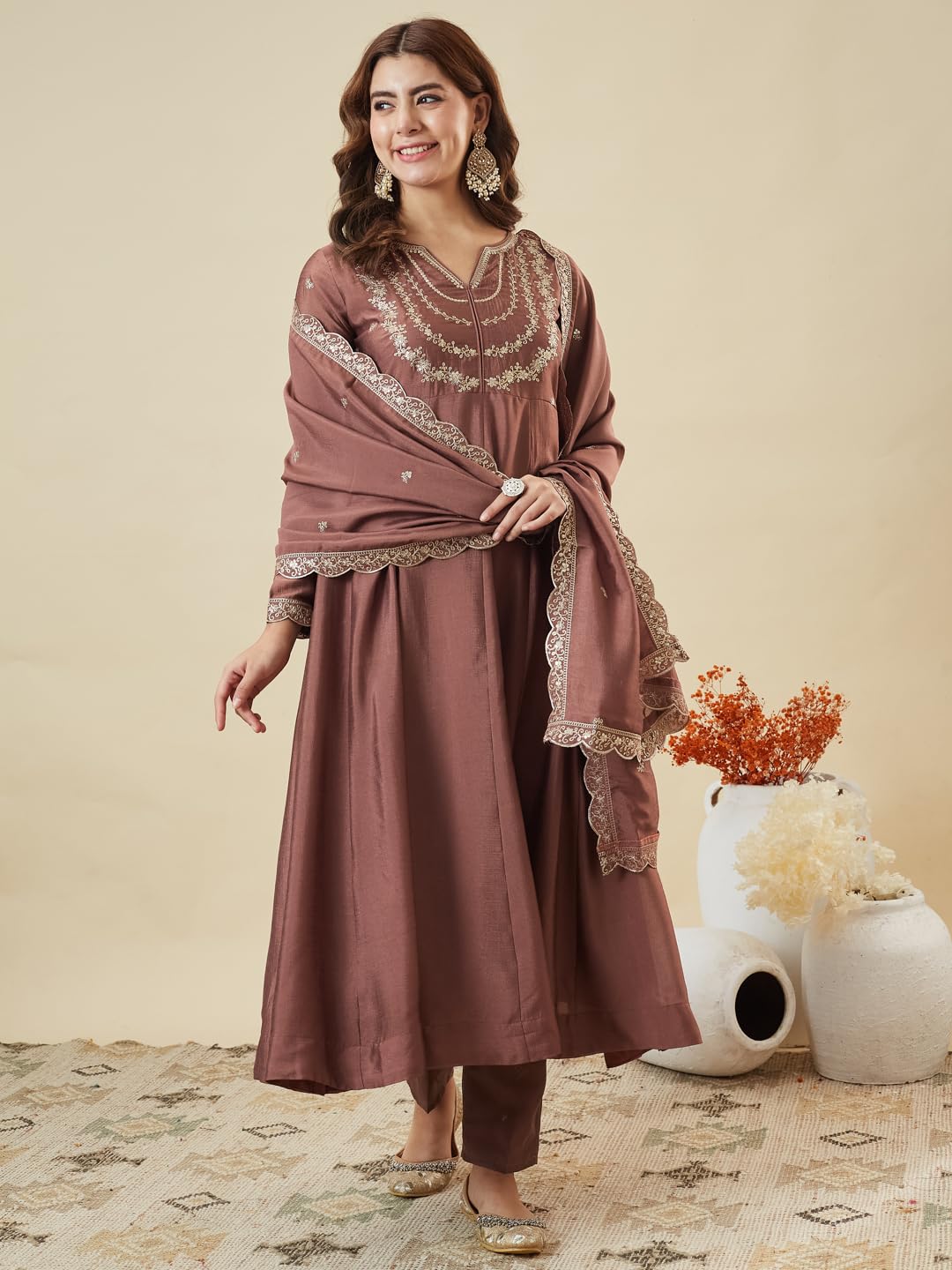 MOKOSH Women’s Silk Embroidery Anarkali Kurta Pant with Dupatta